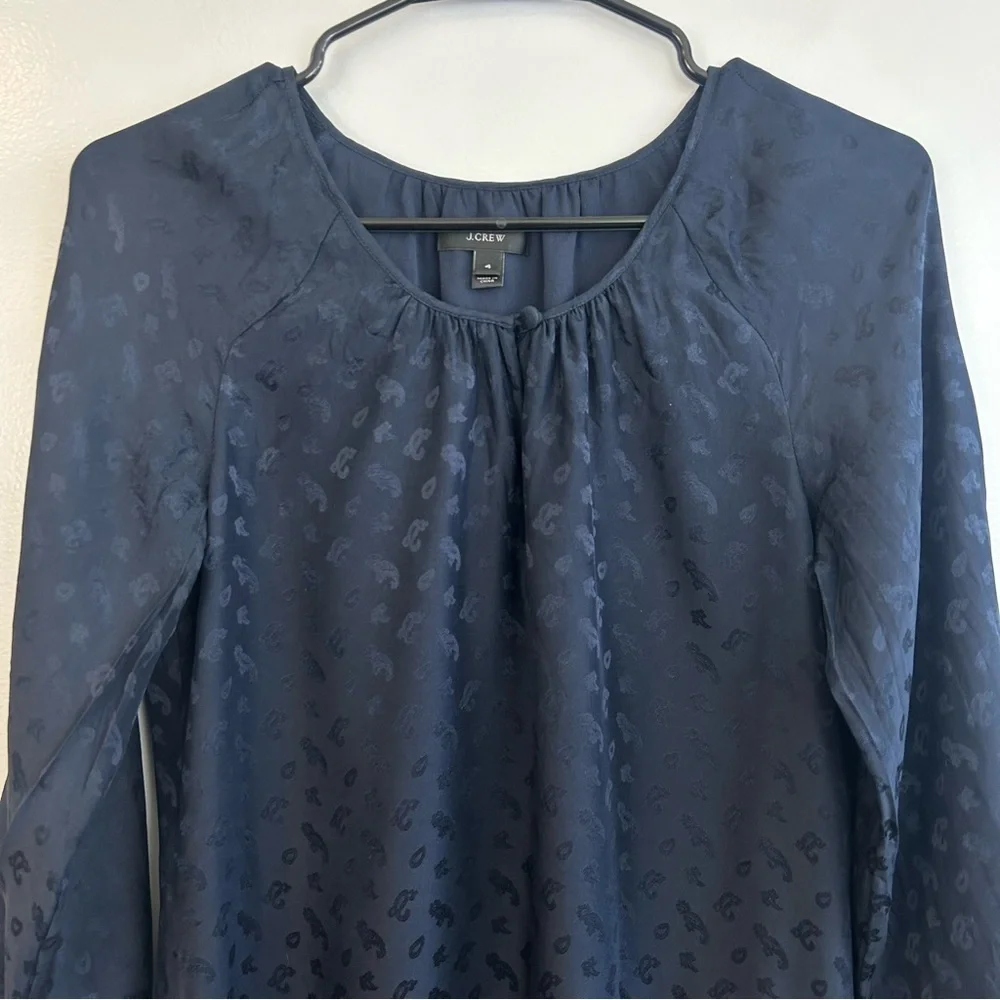 J. Crew 100% Silk  Tonal Paisley Dark Navy Blue Shift Mini Dress Size 4